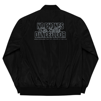 "No Phones" Embroidered Black Bomber Jacket